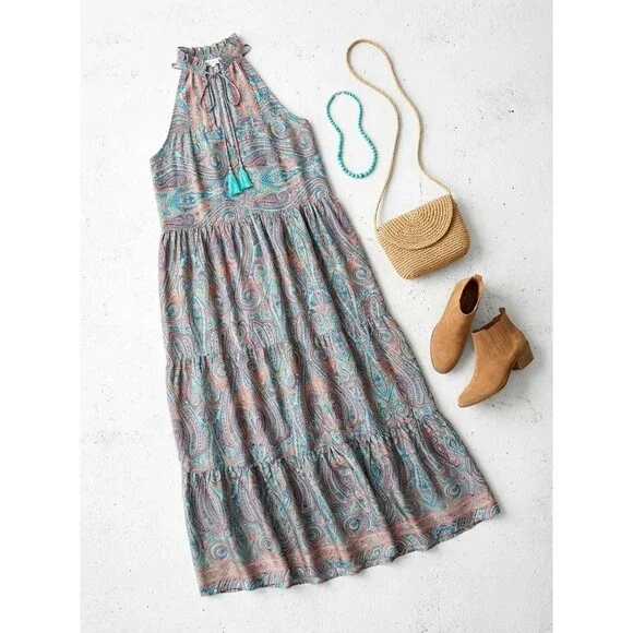 Rhea Women One Size Silk Blend Teal Pink Paisley Maxi Dress Boho Tiered Festival - Picture 2 of 10